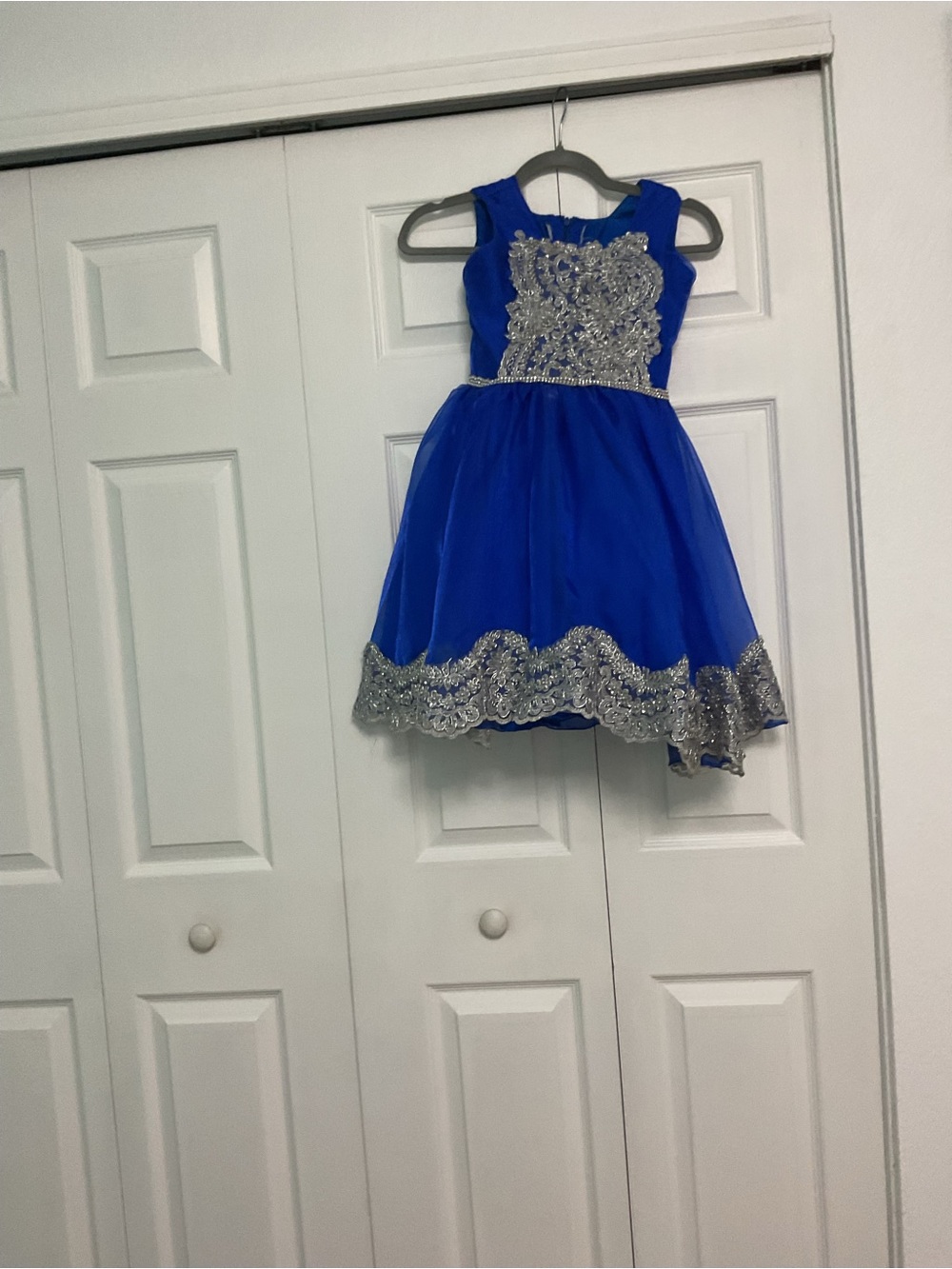 Girls' Royal Blue Party Costume Dress with Silver Appliqué